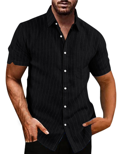 Camisa De Lino Con Botones Y Bolsillos A Rayas Para Hombre