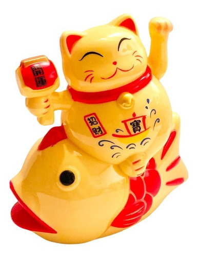 Gato Maneki Neko Buena Suerte Plástico Beige Pez Japones