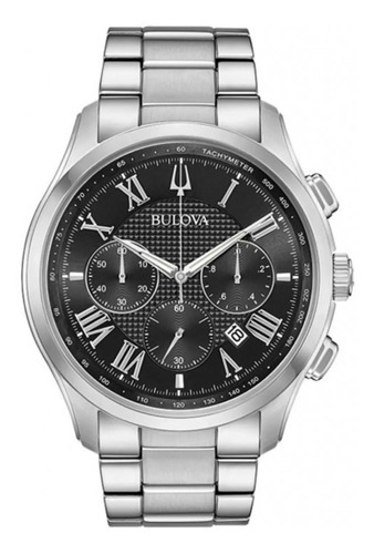 Reloj Bulova para hombre Wilton Chronograph 96b288 con correa de acero, color plateado y bisel, color de fondo plateado, color negro