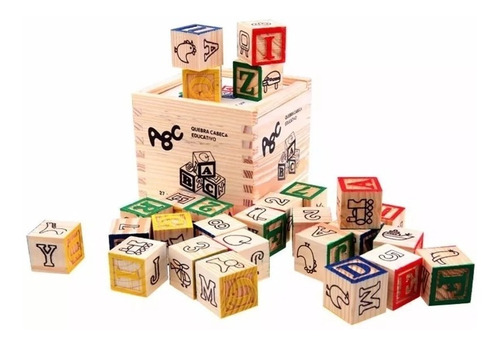 Caixa De Blocos De Madeira Com Letras Numeros E Figuras