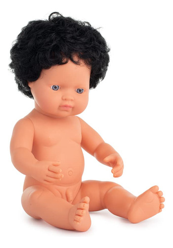 Miniland Baby Doll Caucasian Curly Black Hair Boy 15 '' Poly