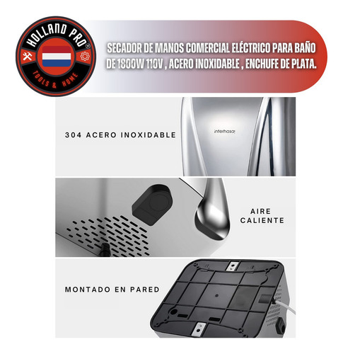 Secador De Manos Automático 1800w Interhasa Hb Color Plateado