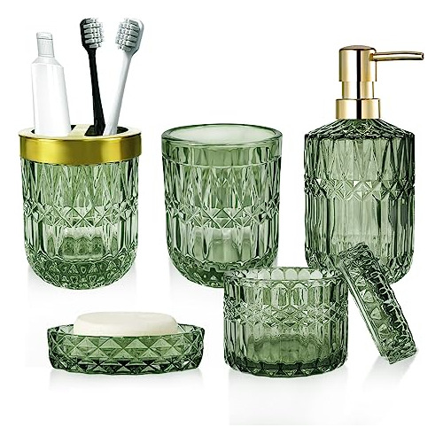 Set De Accesorios De Baño De Vidrio Verde Premium (5 P...