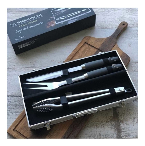 Set Parrillero Asado Parrilla Acero X3 Pz Maletin Humos