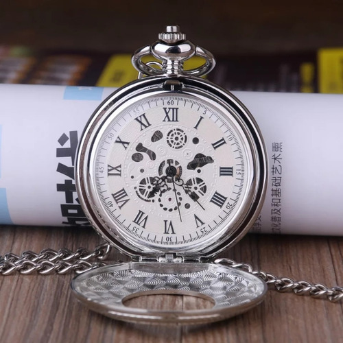 Reloj De Bolsillo Analogico Mecanico Cuerda Plateado 3168