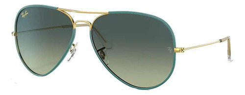 Anteojos de sol Ray-Ban Aviator Full Color Legend Standard con marco de metal color polished green, lente green/blue de acetato degradada, varilla gold de metal - RB3025JM