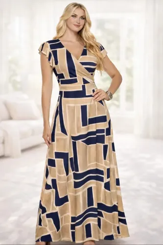 Vestido Feminino Longo Moda Evangélica Elegante Bege Geométrico G 42/44