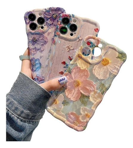 3pcs Funda Teléfono Silicona Con Flor Y Pintura Al Óleo