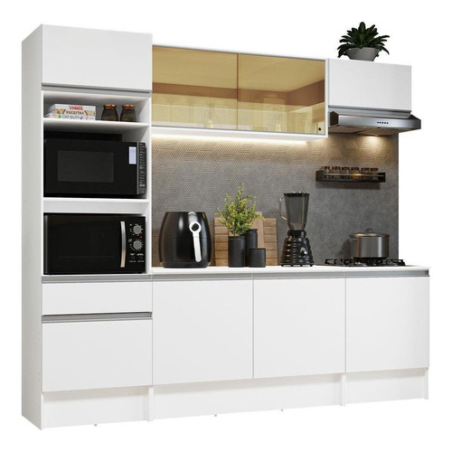 Mueble de cocina completo modulado Madesa Diamante con armario en forma de torre y encimera con encimera para placa de cocina B, color blanco