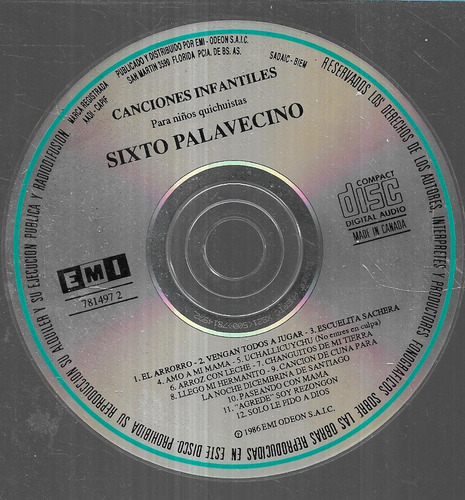 Sixto Palavecino Album Canciones Infantiles Emi Cd S/portada