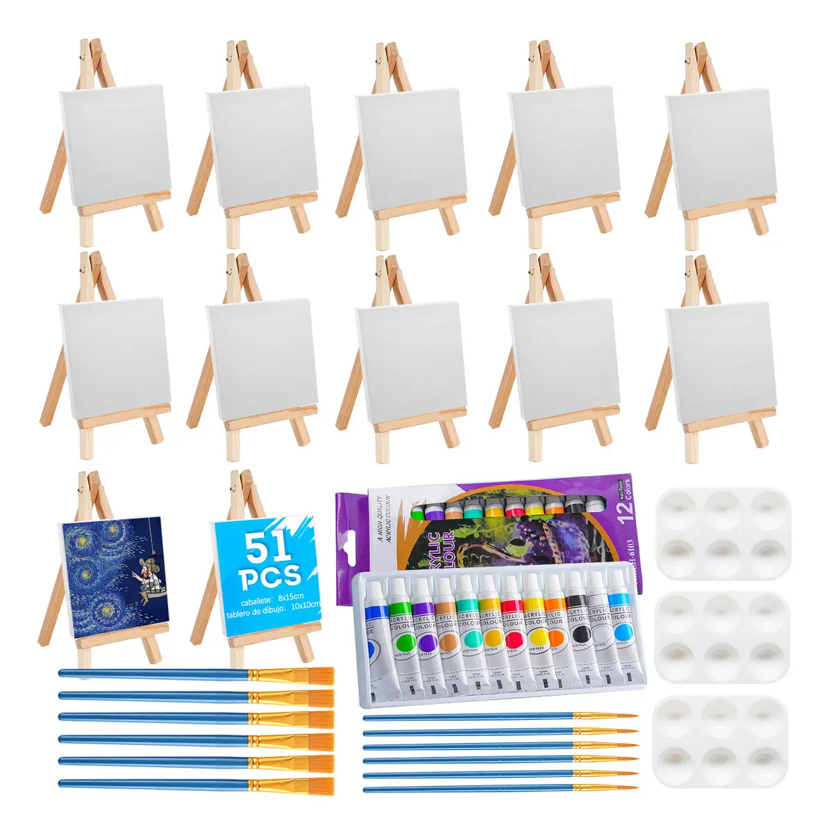 Kit De 51pzs Mini Lienzos Económicos Caballete,con Contiene Una Caja De Juego De Pintura Acrílica De 12colores,12pinceles Para Pintar Al Óleo Y 3paletas,para Suministros De Fiesta 
