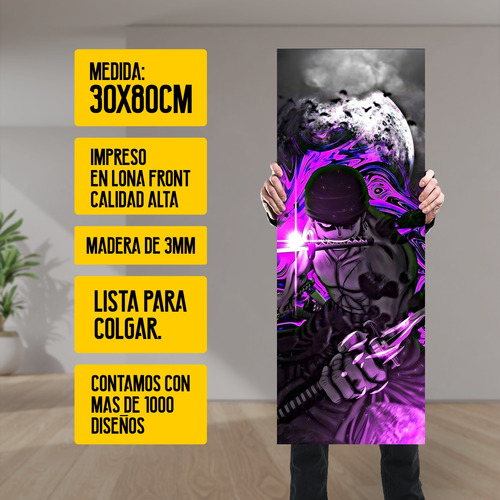 Imagen 2 de 8 de Cuadro Grande 30x80 Cm One Piece Zoro Pose 3 Espadas Oscuro