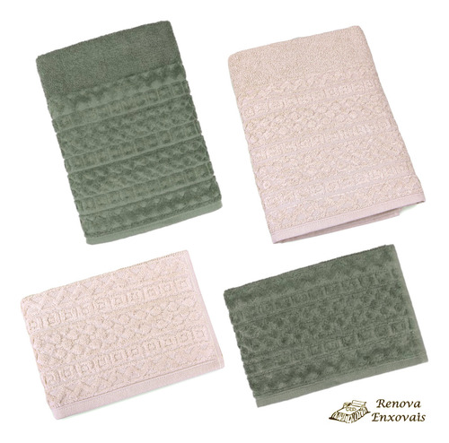 Jogo De Toalhas 4 Peças Toalha Aveludada Banho E Rosto Felpuda Macia Grossa Grande Luxo Jacquard 2 Pçs De Cada - Rosa Claro Verde - 100% Algodão - 70 Cm X 1, 35 M E 50 Cm X 70 Cm - Renova Enxovais