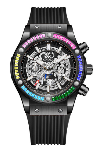 Reloj Mecánico Onola Skeleton Rainbow Diamond Color Del Bisel Negro