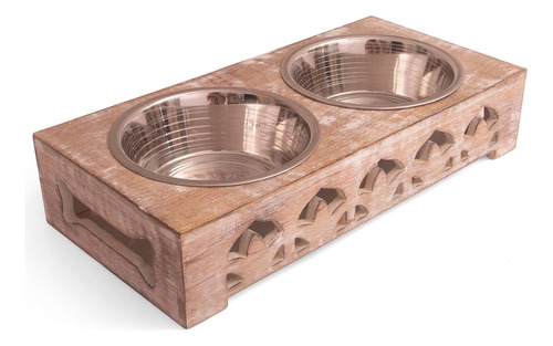 Juego 2 Cuencos Elevados Acero Inoxidable Soporte Madera Ali