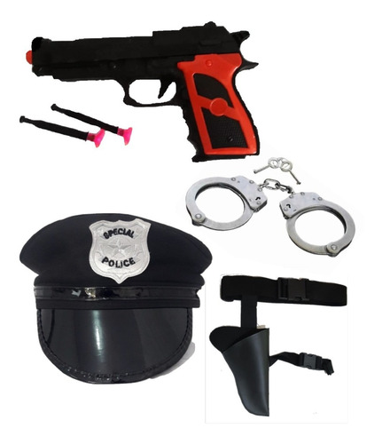 Imagem 1 de 3 de Policial Kit 1 Quepe + 1 Coldre + 1 Pistola + 1 Algema