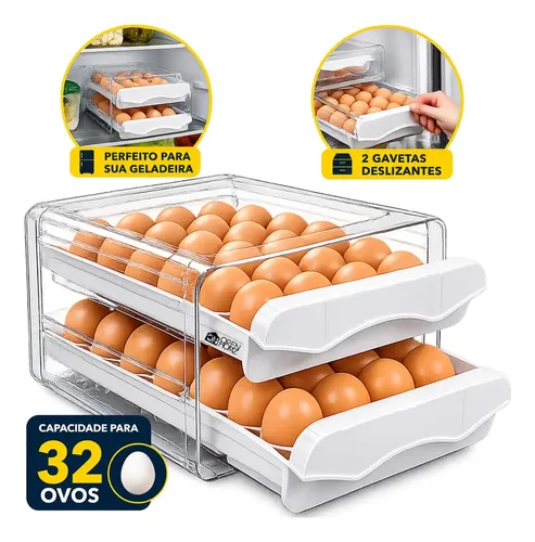 Porta Ovos Geladeira 32 Ovos Organizador De Geladeira Com Tampa Acrílica Com Gaveteiro Duplo Deslizante Caixa De Ovos Para Armários Cozinha Cor Branco
