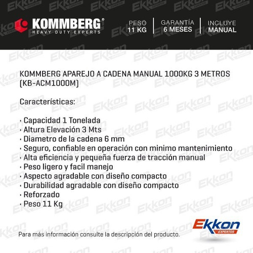 Imagen 2 de 8 de Aparejo A Cadena Manual Kommberg Reforzado 1 Tonelada 3 Mts