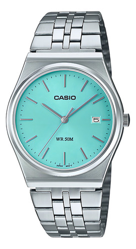 Relógio de pulso analógico Casio MTP-B145D-2A1VDF para homens, fundo verde, com pulseira de aço inoxidável prateado, moldura prateada e dobrável