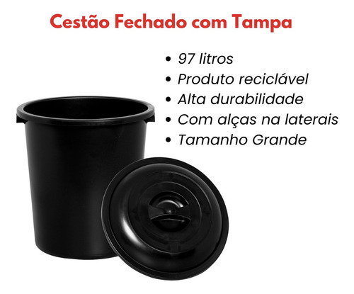 Cestão De Lixo Grande Lixeira Coletor C/ Tampa Reforçado 97l