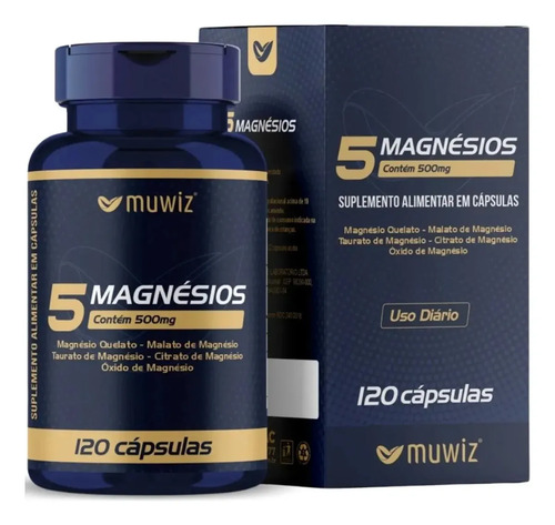 5 Magnésios ( Magnésio Quelato + Magnésio Malato + Taurato De Magnésio + Citrato De Magnésio + Óxido De Magnésio ) 120 Cápsulas MUWIZ