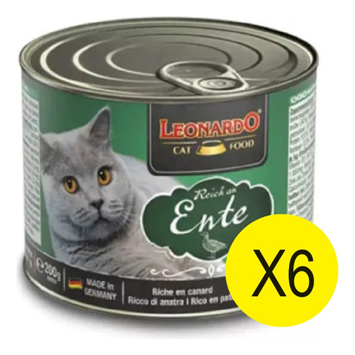 Alimento Leonardo Para Gato Sabor Pato Lata 200g Pack X6