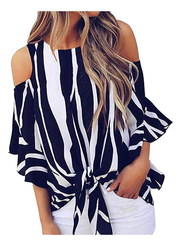 Blusa A Rayas Para Mujer, Hombros Descubiertos, Lazo En La C