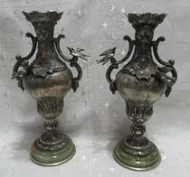 Comprar Antiguo Par Floreros Petit Bronce Aves Base Mármol (15559) Plateado Oscuro Aves Cabezas Animales Mitológicos Faunos