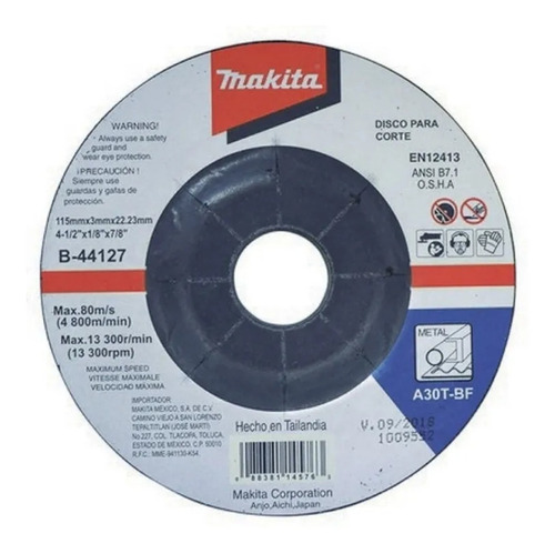 Disco Abrasivo Corte De Metal 4-1/2 X 7/8 Makita B44127