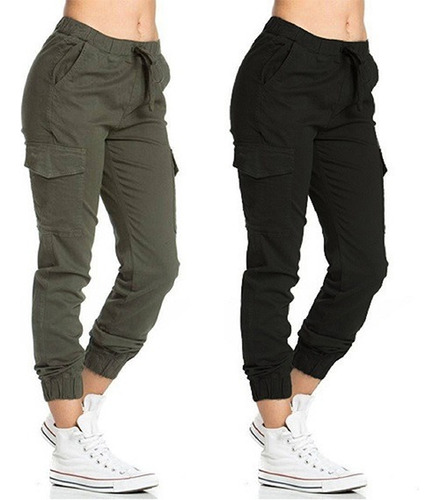 Pack X2 Pantalon Dama Gabardina Cargo Elastizado Moda