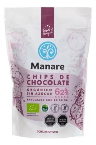 Chips De Chocolate 62% Cacao Sin Azúcar. 400 Gr. Manare