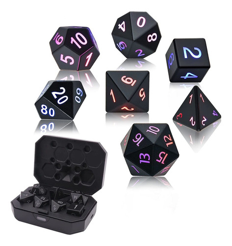 Kit Dados Rpg Led Iluminado Recarregável Com Estojo Recarga
