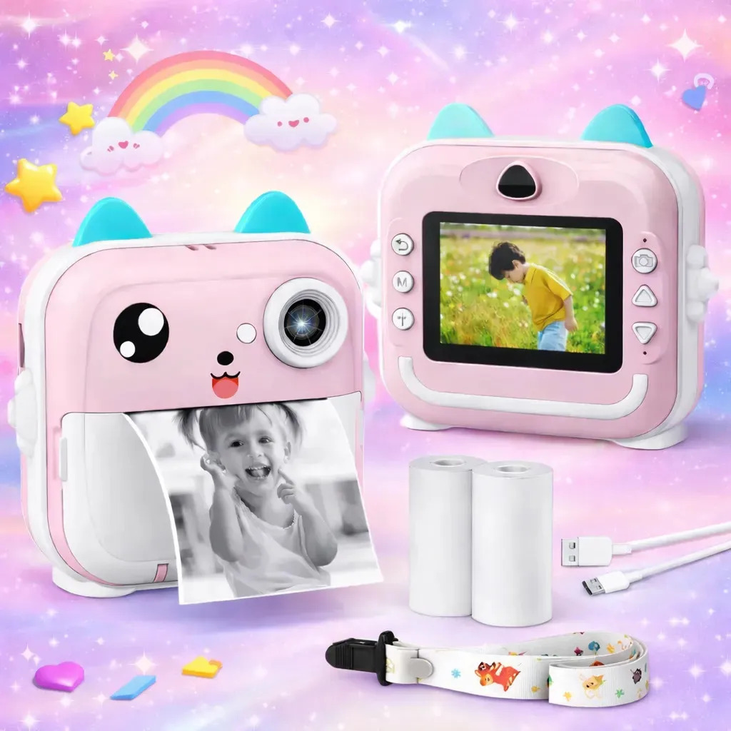 Câmera Digital Infantil Impressão Instantânea Dorama Foto Video Jogos Cor Câmera Polaroid Rosa
