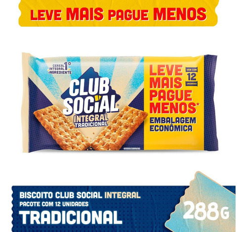 Biscoito Salgado Integral Tradicional Club Social com 12 unidades 288g
