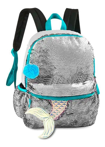 Mochila Escolar Costas Clio Girls Paetê Azul E Prata Sereia