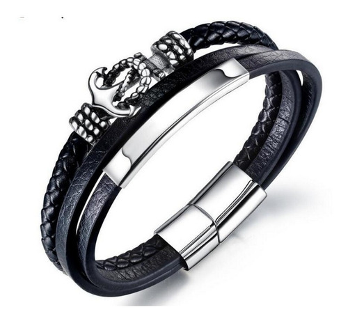 Pulseira Masculina Tribal Couro Preto Âncora Prata Fecho Ímã