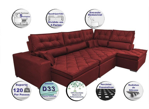 Sofá Canto Retrátil,reclinável Cama Inbox Platinum Vermelho Cor Vermelho