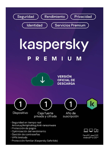 Imagen 1 de 5 de Kaspersky Antivirus Premium 1 Dispositivo Por 1 Año