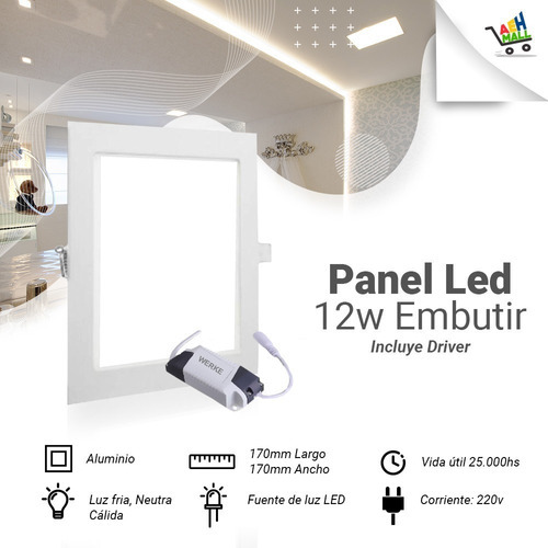 Panel Led Embutir Cuadrado 12w Werke - Pack X 5u Color Blanco Color de la luz Cálida