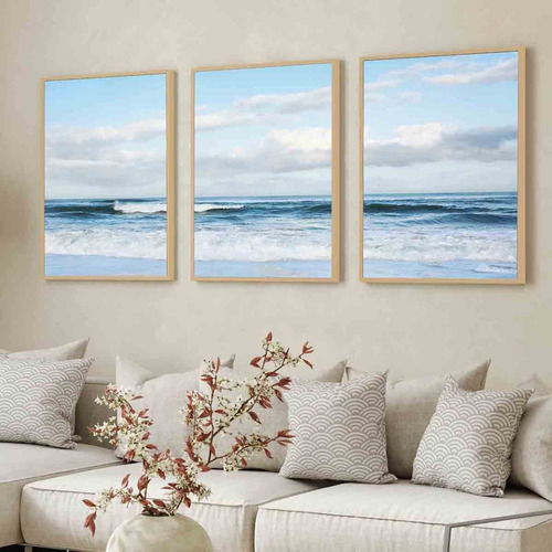 Kit 3 Quadros Decorativos Modernos Mar Azul Paisagem Moldura