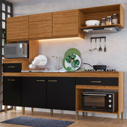 Cozinha Compacta 6 Portas 2 Gavetas Naturalle/preto Fosco