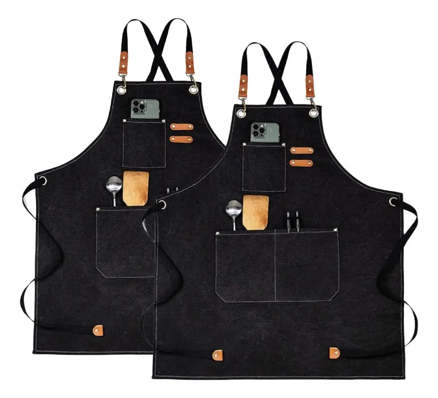 2pzs Mandil Cocina Ajustable Lona Para Chef-barbacoa-barista Color Negro