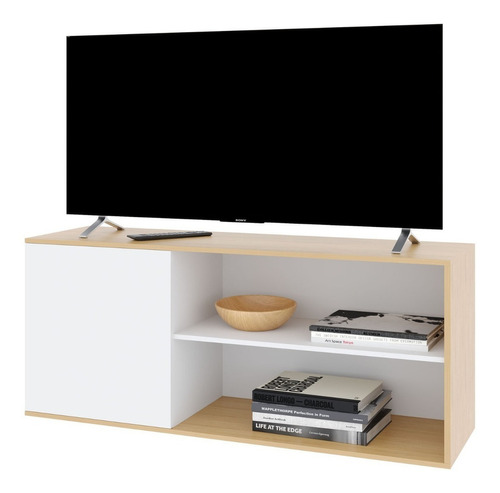 Rack Mesa Tv Led Melamina Moderno Mueble Apoyo 1 Puerta Color Roble blanco