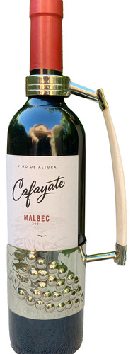 Porta Vino / Sujeta Botella Aro De Alpaca Con Hueso De Chivo Uvas