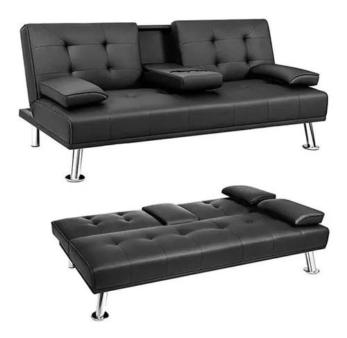 Sofa Cama Futón Reclinable De Piel Sintética Con Portavasos Y Almohadas  Negro