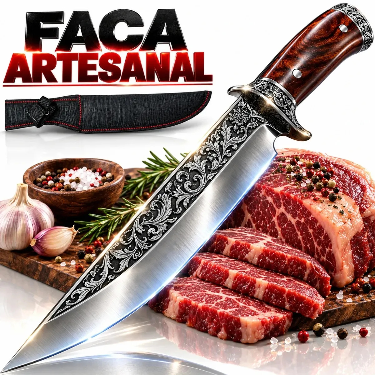 Faca Picanheira Primordial Artesanal em Aço Inox 18cm com Bainha para Churrasco Profissional Full Tang Afiada e Forjada com Lâmina Desenhada Rústica para Corte de Carne e Presente 