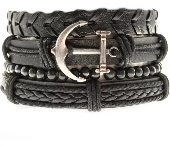 Pulsera Hombre Conjunto 4 En 1 Dije Ancla Bolitas Cuero