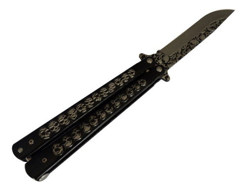 Navaja Mariposa Balisong Hoja Acero Black Grabado Craneos