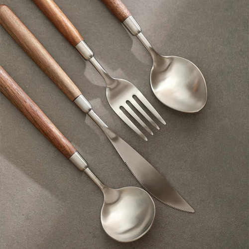 Juego De Cubiertos De Madera Y Acero Inoxidable 4 Piezas