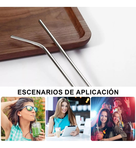 10 Popotes Metálicos Acero Inoxidable Curvo Recto + Cepillo